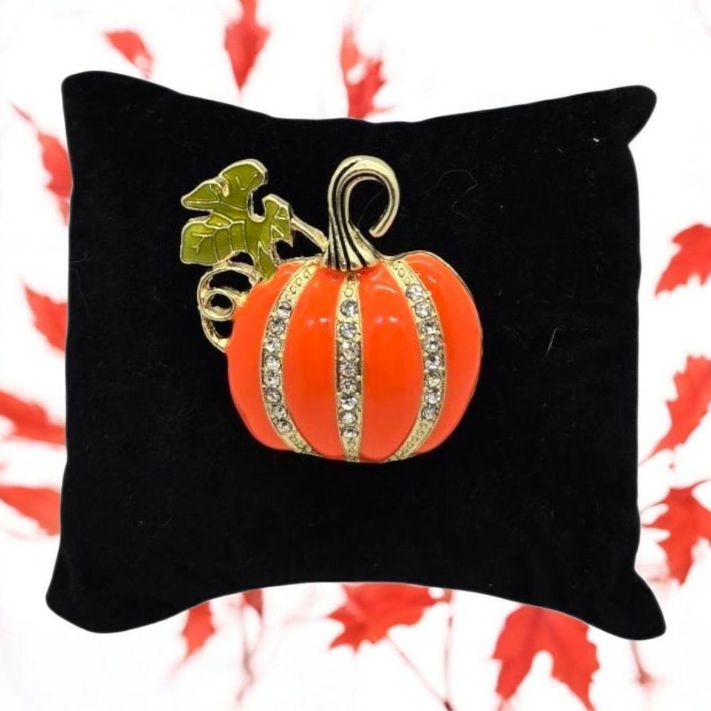 Rhinestone Pumpkin Brooch Orange Enamel Fall Thanksgiving Halloween Lapel Pin